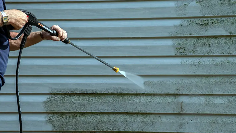 Worker power washing side of house