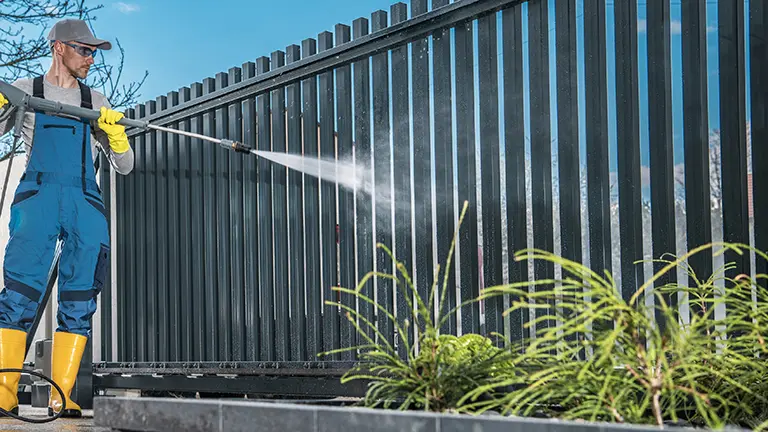 Worker cleaning fence