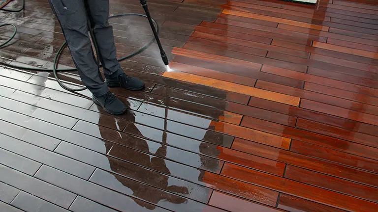 Worker cleaning deck
